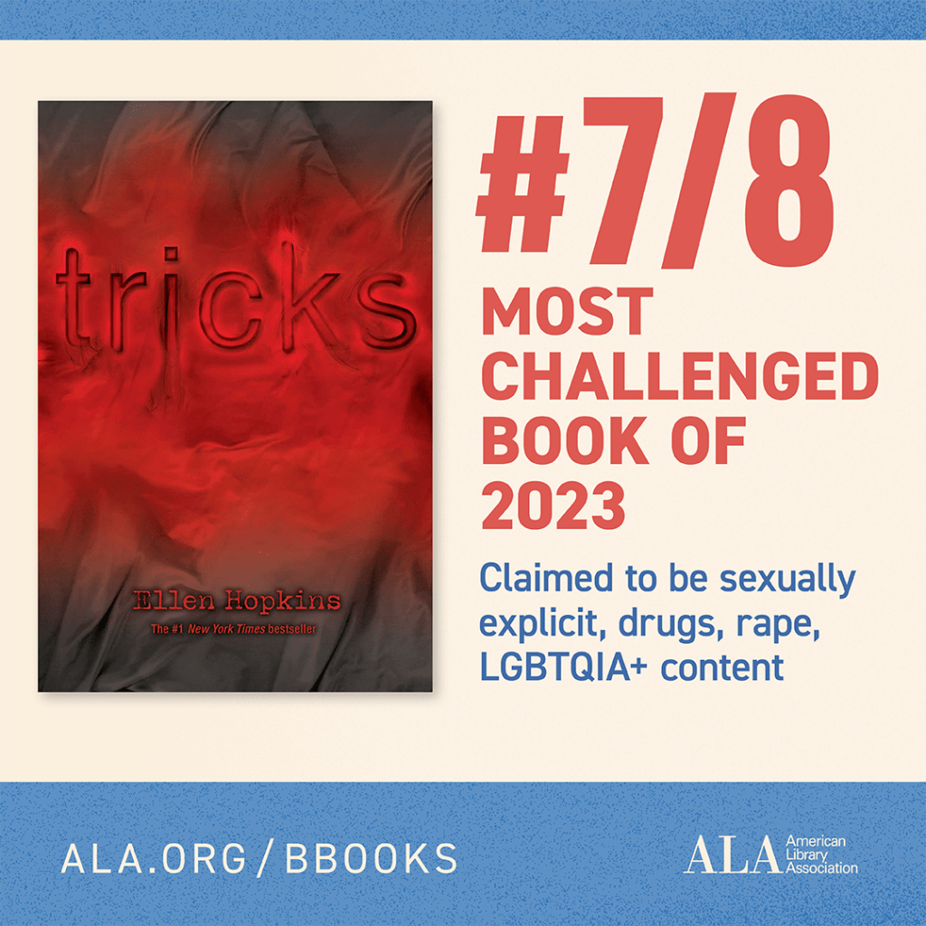 The book "Tricks" by Ellen Hopkins, presented as tied for #7/#8 Most Challenged Book of 2023, with reasons including sexually explicit content, drugs, rape, and LGBTQIA+ themes. Top Most Challenged Books in 2023