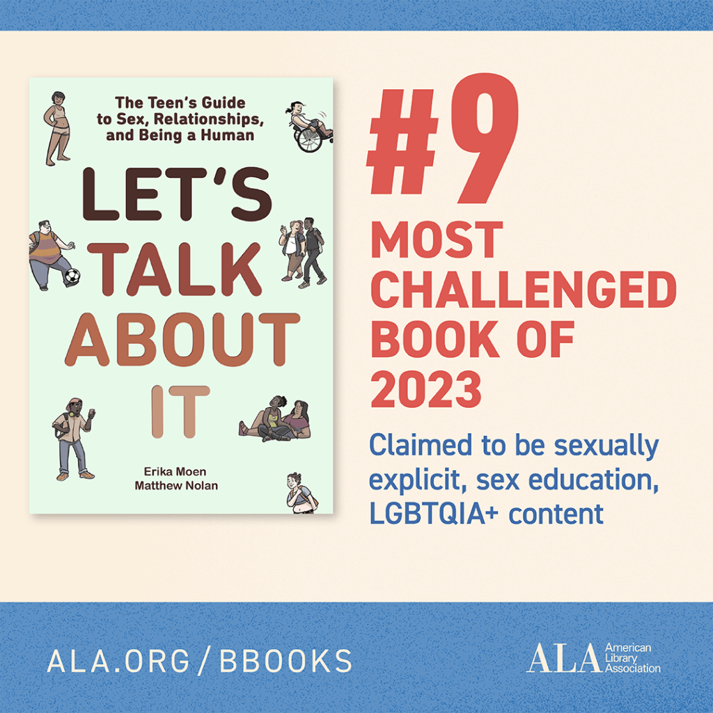 An image featuring the book "Let's Talk About It" by Erika Moen and Matthew Nolan, ranked as the #9 Most Challenged Book of 2023, noted for sexually explicit content and LGBTQIA+ themes. Top Most Challenged Books in 2023
