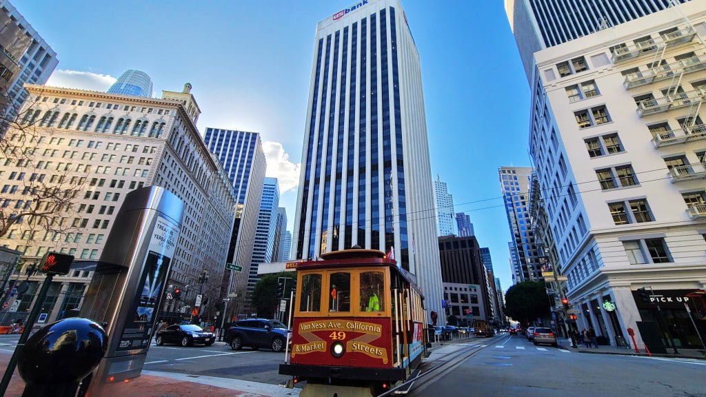 San Francisco downtown near Robert Frost memorial, as tram heads into station. San Francisco literary tour