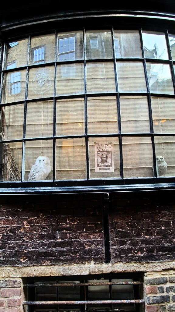 Harry Potter Diagon Alley Goodwin's Court in walking tour. A whimsically decorated window display from a themed shop, showcasing a snowy owl and props reminiscent of a popular wizarding world, including a "Have You Seen This Wizard?" poster, adding a magical touch to the historical building facade.
