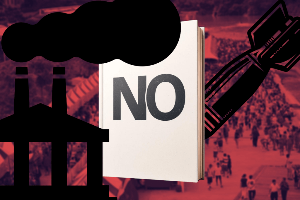 Baillie Gifford ends festival sponsorships over investments backlash. A book cover with the word 'NO' stands in the foreground against a stylized background featuring industrial silhouettes, a dark smoke cloud, and an oversized missile, conveying themes of protest and resistance