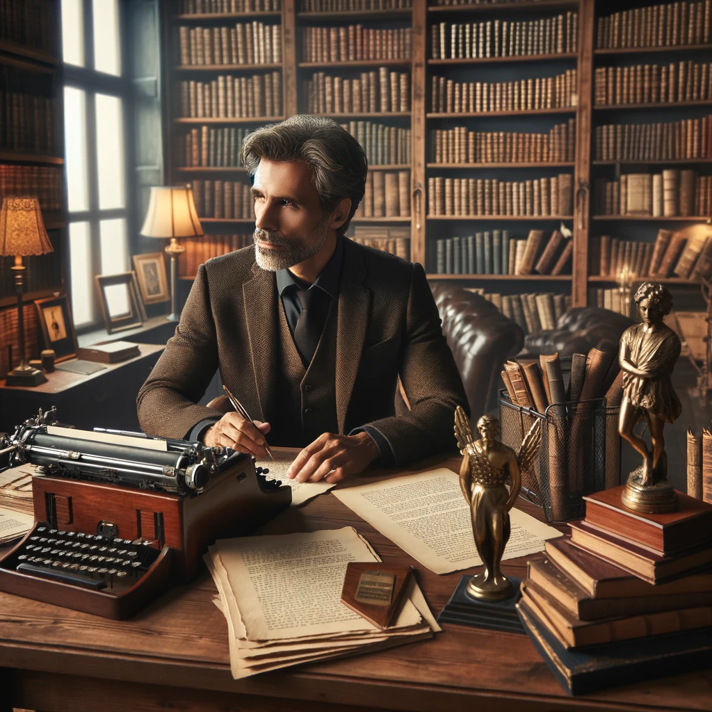 An AI-generated image of a "successful famous novelist" demonstrates the lack of representation of women of colour in publishing. A thoughtful middle-aged man in a smart brown suit is poised with a pen over a manuscript in a luxurious study. A vintage typewriter and literary awards adorn the desk. Behind him, extensive bookshelves brim with a collection of classic and modern literature.