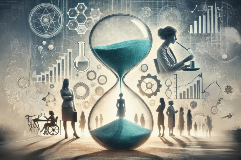 Elsevier report shows slow progress toward gender equality in research. Abstract conceptual image symbolizing slow progress toward gender equality in research and innovation. The scene features a large hourglass and silhouettes of diverse women in academic settings.