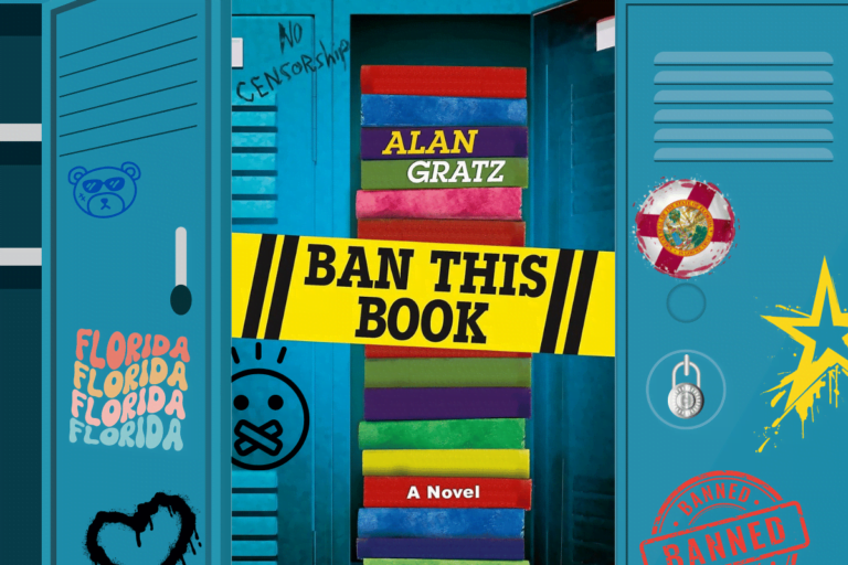 Florida school board bans 'Ban This Book'. This image features a creative depiction of a school locker scene, centered on the book "Ban This Book" by Alan Gratz. The left locker is painted in blue with various stickers including a bear face, hearts, and "Florida" in colorful letters. The middle section shows an open locker with the book prominently displayed among a stack of colorful books. A caution tape reading "Ban This Book" crosses in front of the stack. On the right, another blue locker is adorned with a Florida state seal and a lock, symbolizing censorship and restriction. The image artistically emphasizes themes of censorship and resistance within a school setting.