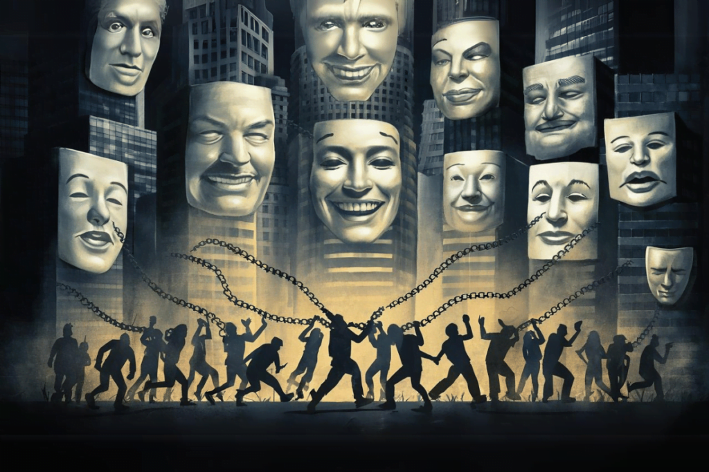 Fossil Free Books faces backlash, corporations evade scrutiny. The image depicts a surreal cityscape with towering skyscrapers, each topped with giant theatrical masks showing various expressions. In the foreground, a diverse group of people, linked by a heavy chain, are depicted as moving energetically from left to right, suggesting a protest or march. The masks seem to watch over the city and the people, symbolizing the pervasive influence of corporate or societal facades on public behavior and emotions.