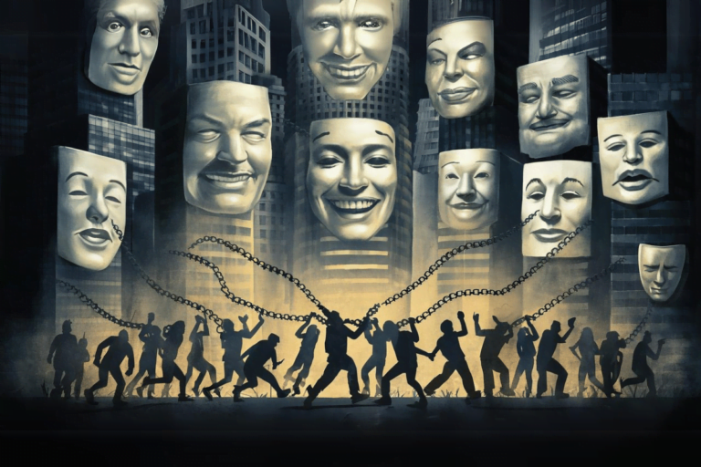 Fossil Free Books faces backlash, corporations evade scrutiny. The image depicts a surreal cityscape with towering skyscrapers, each topped with giant theatrical masks showing various expressions. In the foreground, a diverse group of people, linked by a heavy chain, are depicted as moving energetically from left to right, suggesting a protest or march. The masks seem to watch over the city and the people, symbolizing the pervasive influence of corporate or societal facades on public behavior and emotions.