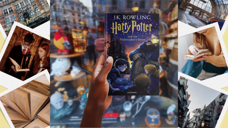 Harry Potter London city self-guided walk: is walking tour worth it. A hand holds "Harry Potter and the Philosopher's Stone" book as if guiding you on a magical tour, surrounded by scenes and people reading in a collage.