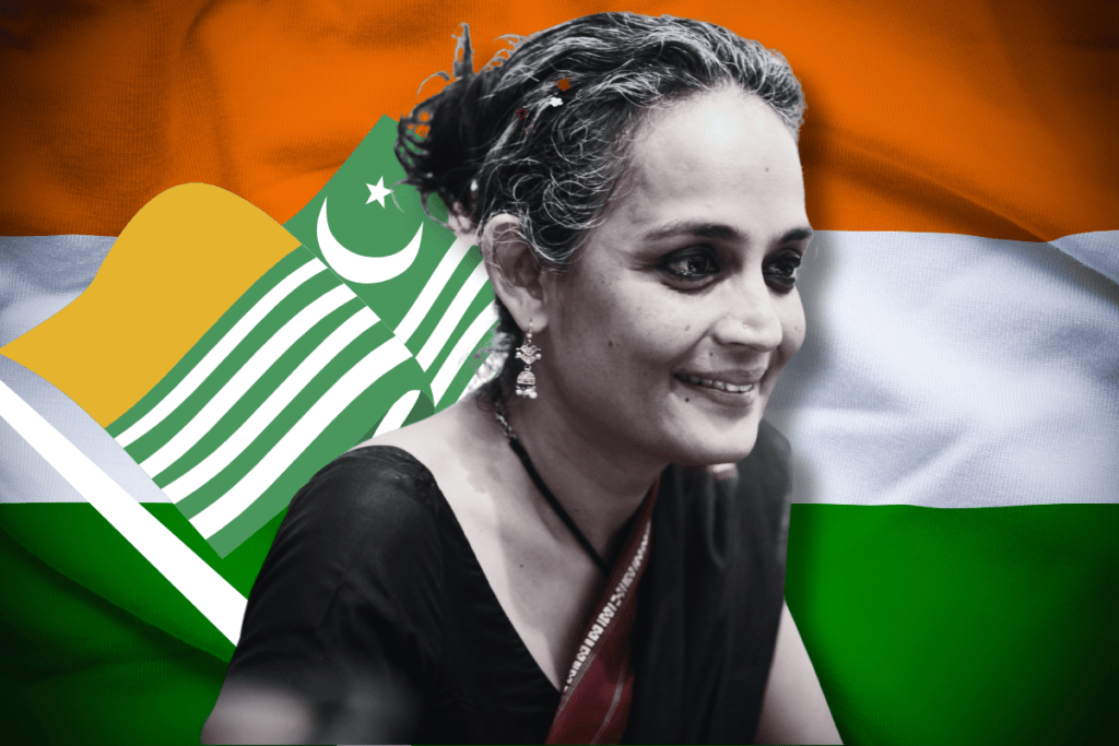 The image features Indian author Arundhati Roy, with a split background displaying the flags of India and Kashmir, symbolising the contentious issue of Kashmir. Indian authorities set to prosecute Arundhati Roy over Kashmir comments