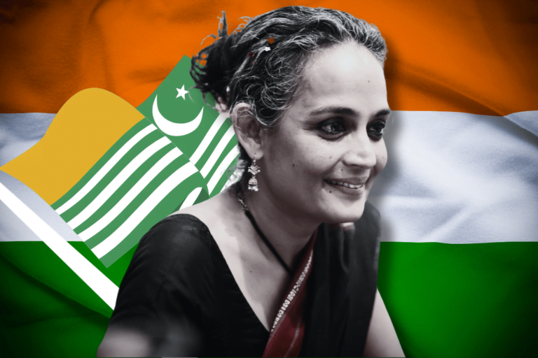 The image features Indian author Arundhati Roy, with a split background displaying the flags of India and Kashmir, symbolising the contentious issue of Kashmir. Indian authorities set to prosecute Arundhati Roy over Kashmir comments