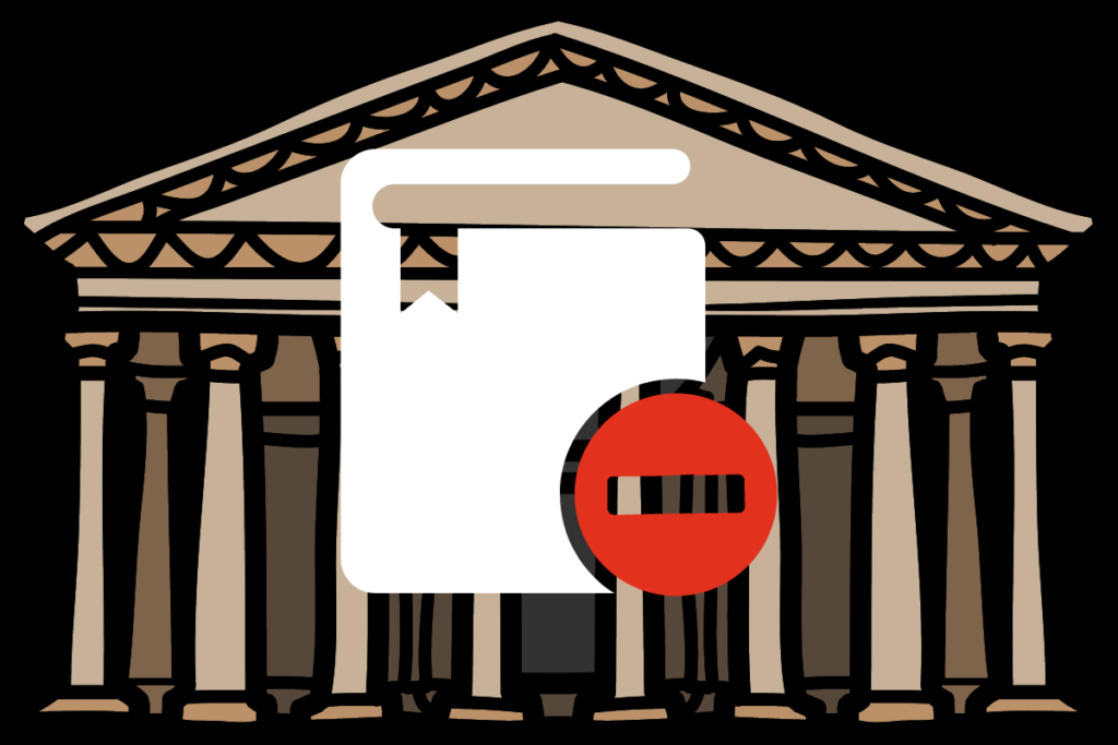 The image depicts a stylized representation of a classical building, similar to a library or museum, overlaid with a document featuring a tear and a large red prohibition sign, symbolizing restricted access or censorship of information. Internet Archive forced to remove 500,000 books from digital library