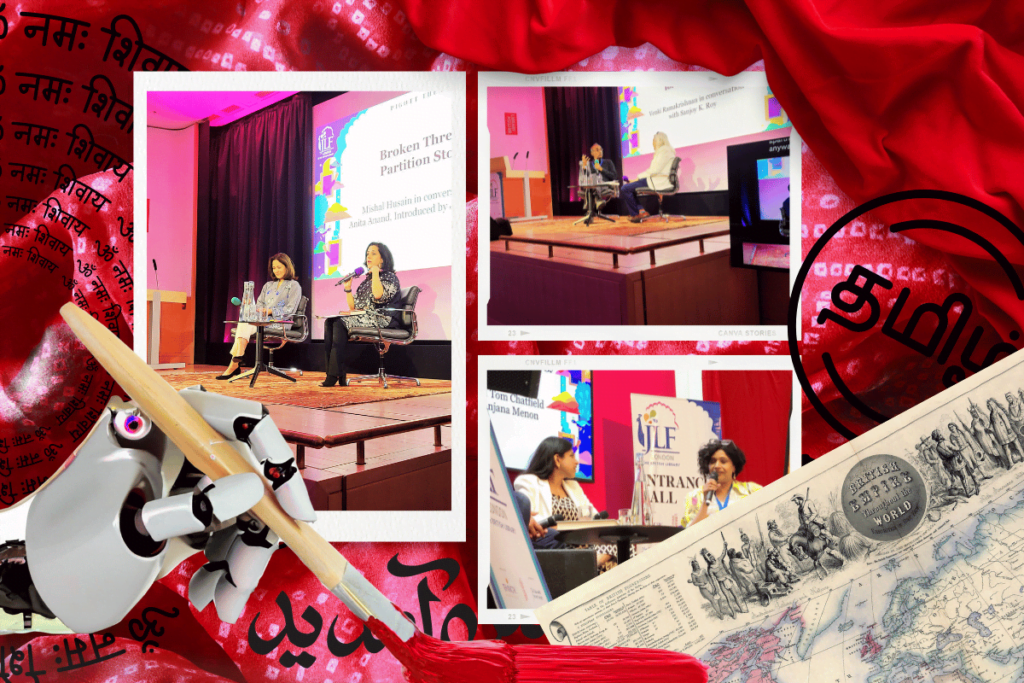 This collage depicts various events at the Jaipur Literature Festival 2024 held at the British Library in London. It features speakers on stage during discussions, including Mishal Husain, highlighted against vibrant, culturally rich backgrounds of traditional Indian scripts and symbols. The central images capture authors engaging with audiences, surrounded by elements representing Indian heritage and the global reach of the festival, illustrating the festival's theme of exploring deep historical and contemporary issues. Jaipur Literature Festival 2024: identity, ageing, and AI.