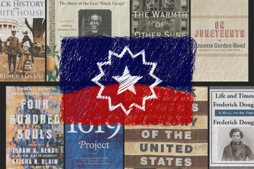 A collage image featuring the Juneteenth flag prominently in the centre, surrounded by book covers related to African American history and emancipation. The book titles include "The Black History of the White House" by Clarence Lusane, "The Story of the Last 'Black Cargo'" edited by Deborah G. Plant, "The Warmth of Other Suns" by Isabel Wilkerson, "On Juneteenth" by Annette Gordon-Reed, "Four Hundred Souls" edited by Ibram X. Kendi and Keisha N. Blain, "The 1619 Project" by Nikole Hannah-Jones, and "Life and Times of Frederick Douglass" by Frederick Douglass. The Juneteenth flag features a bursting star in the middle, symbolising a new freedom and a new people. Juneteenth books: 8 powerful reads on emancipation