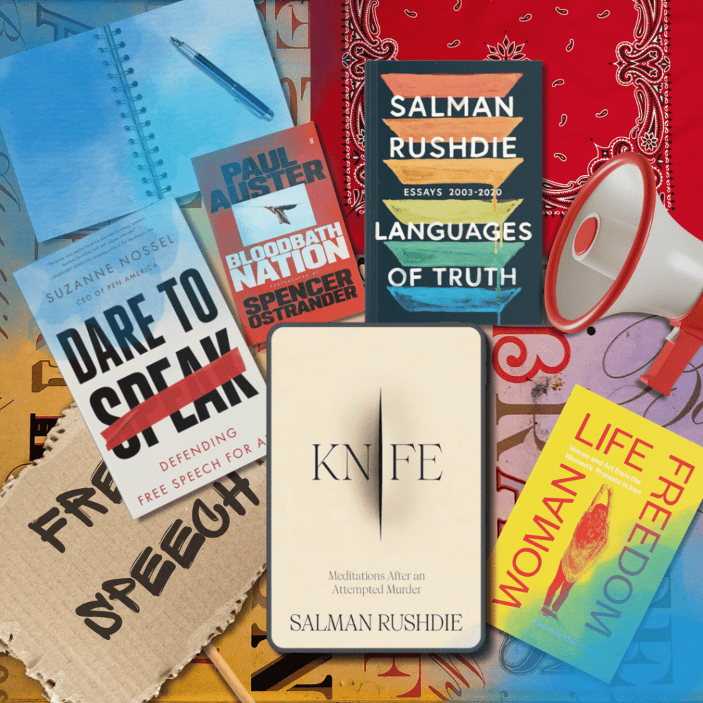 A creative collage featuring a central image of Salman Rushdie's memoir "KNIFE: Meditations After an Attempted Murder" surrounded by various other books related to free speech and liberty. Titles such as "Dare to Speak" by Suzanne Nossel, "Bloodbath Nation" by Paul Auster, and "Languages of Truth" by Salman Rushdie are visible. The background includes elements like a notepad and pen, symbolising the act of writing, and a bright red bandana, adding a pop of color and texture to the arrangement, all suggesting a theme of literature's power in the face of adversity.
