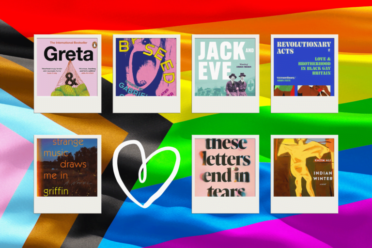 The image showcases a vibrant display of seven books arranged over a background featuring the colors of the LGBTQ pride flag. Each book cover is unique, offering a glimpse into diverse themes and narratives. Titles include "Greta," "Based Gabriel," "Jack and Eve," "Revolutionary Acts," "strange music draws me in griffin," "these letters end in tears," and "Indian Winter." These books appear to be selected to honor the LGBTQ community, with each positioned distinctly against the colorful, waving stripes, highlighting the celebration of diversity and love. A white heart outlined against the central part of the flag further accentuates the theme of love and unity. Pride 2024 books 7 reads that honour LGBTQ community.