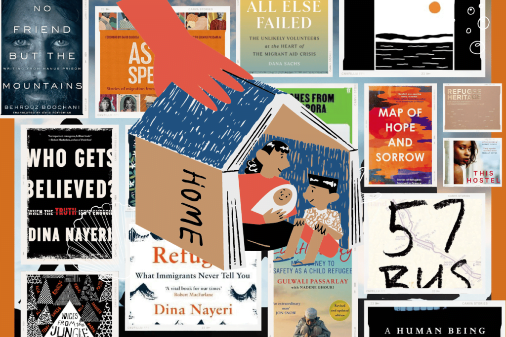 Refugee Week books 15 reads that show migrant experience. This image is a collage featuring a variety of book covers related to refugee experiences. The books displayed include titles like "No Friend But the Mountains," "All Else Failed," "Asylum Speakers," "Conversations from Calais," "Dispatches from the Diaspora," "Hope Not Fear," "Map of Hope and Sorrow," "Refugee Heritage," "This Hostel Life," "The Lightless Sky," "The 57 Bus," "The Ungrateful Refugee," "Voices from the Jungle," and "Who Gets Believed?" The arrangement showcases each book distinctly, highlighting their diverse themes and contributions to understanding the refugee experience.