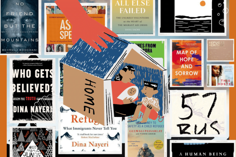 Refugee Week books 15 reads that show migrant experience. This image is a collage featuring a variety of book covers related to refugee experiences. The books displayed include titles like "No Friend But the Mountains," "All Else Failed," "Asylum Speakers," "Conversations from Calais," "Dispatches from the Diaspora," "Hope Not Fear," "Map of Hope and Sorrow," "Refugee Heritage," "This Hostel Life," "The Lightless Sky," "The 57 Bus," "The Ungrateful Refugee," "Voices from the Jungle," and "Who Gets Believed?" The arrangement showcases each book distinctly, highlighting their diverse themes and contributions to understanding the refugee experience.