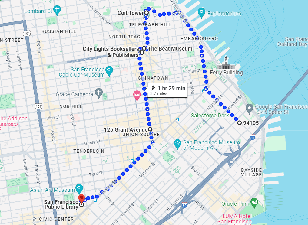Google Maps route for San Francisco literary shows the stops Robert Frost Memorial, Coit Tower, The Beat Museum, City Lights Bookstore, Jack Kerouac Alley, and San Francisco Public Library