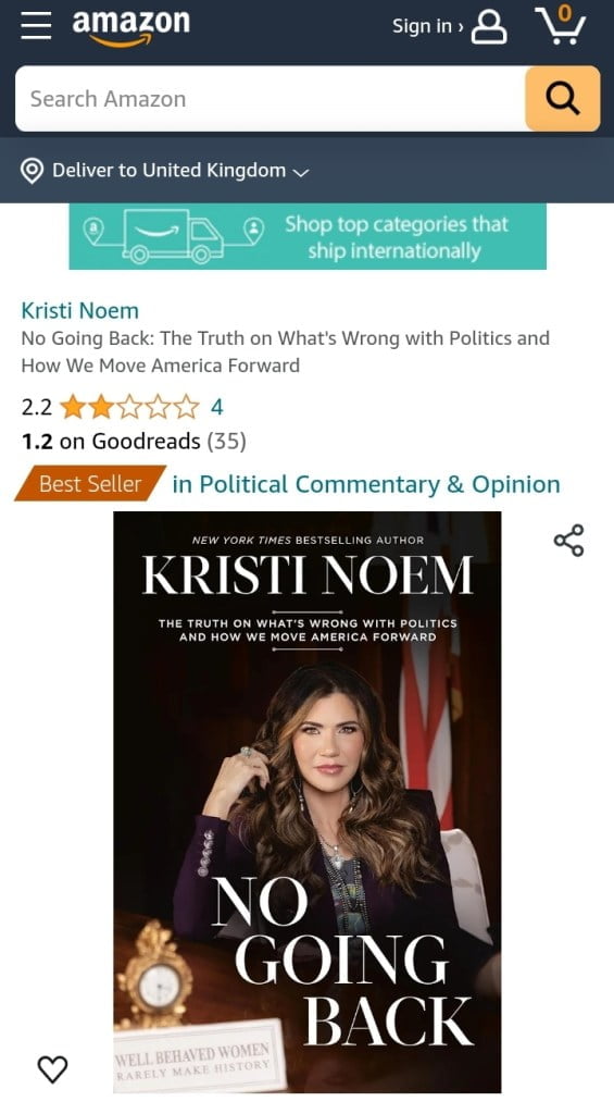 Kristi Noem’s book No Going Back receives one star reviews on Amazon forcing them to close the function 