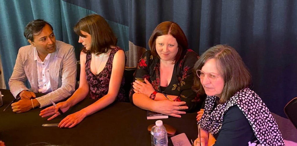 Writers involved in 'Will You Read This? Please' (L to R) Rhik Sammader, Jenn Ashworth, Nicola Knight, and Kathryn Mannix at the Southbank Centre. 