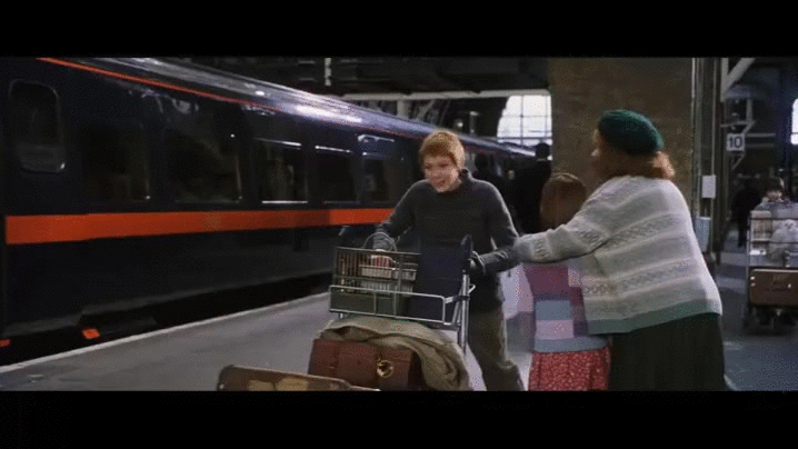Fred and George Weasley run through Platform 9 3/4 in King's Cross Station in Harry Potter and the Philosopher's Stone.