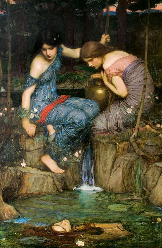 An intricate painting depicts two nymphs by a serene water's edge in a wooded grove. The nymph on the left, clad in a flowing blue robe with a red sash, sits with one foot dipping into the water. She appears contemplative or mournful, gazing downward. The nymph on the right, wearing a soft pink dress, leans forward to fill a golden jar, her action paused as she looks towards the water. In the foreground, the focus of their attention is revealed: the lifeless, decapitated head of Orpheus floats in the water, framed by blooming flowers and lily pads. The setting is tranquil yet filled with a somber mythological narrative, capturing a moment of tragic discovery. 